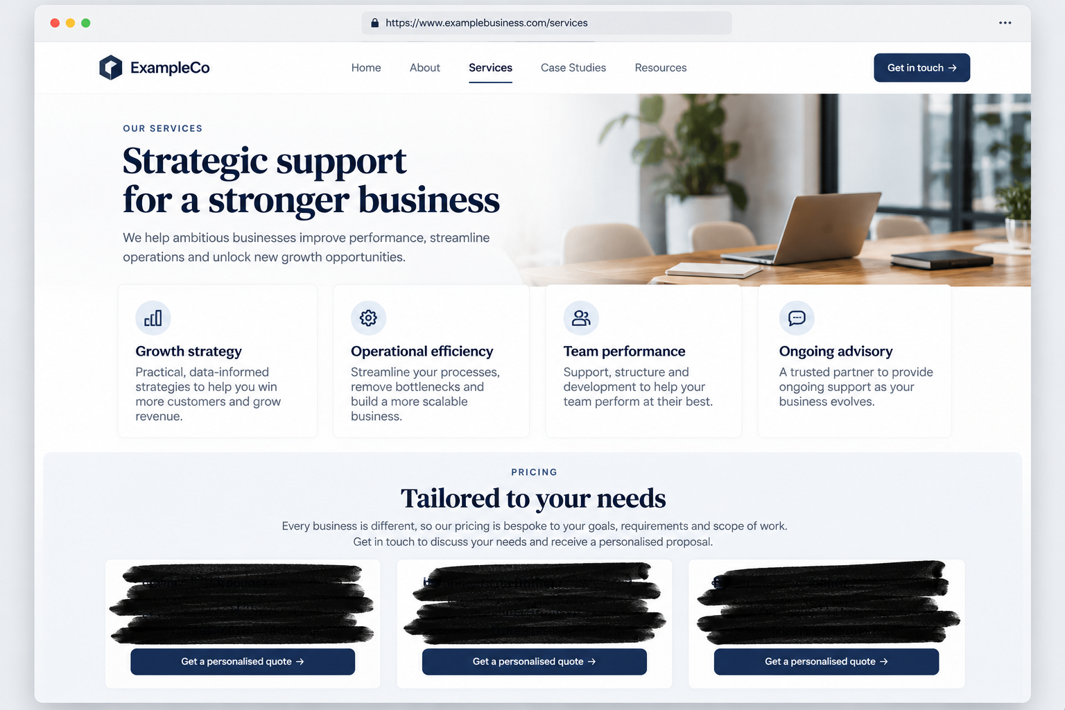 A B2B services web page with the pricing section obscured, illustrating deliberate information withholding.