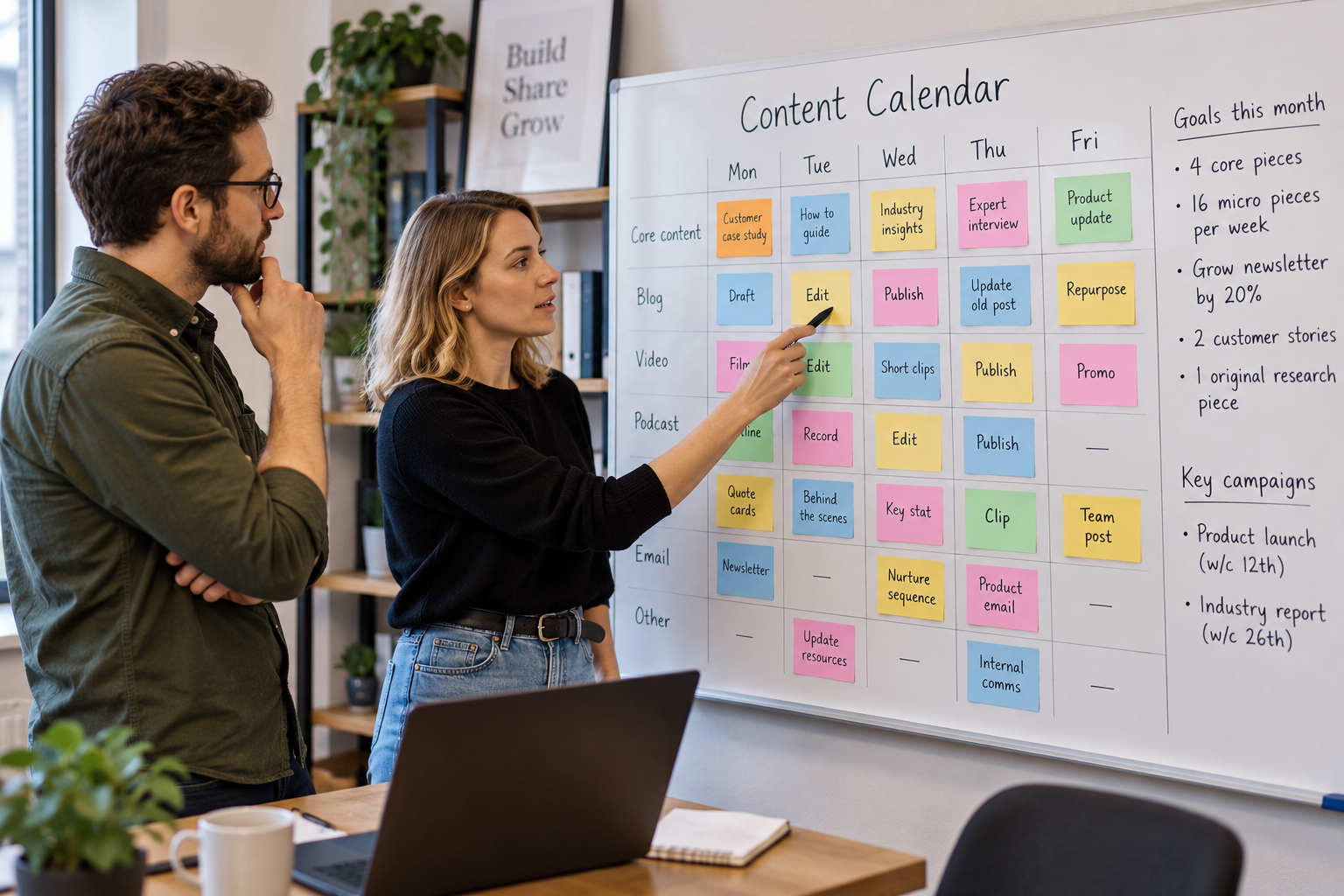 Two marketers reviewing a content calendar on a whiteboard in a small office.