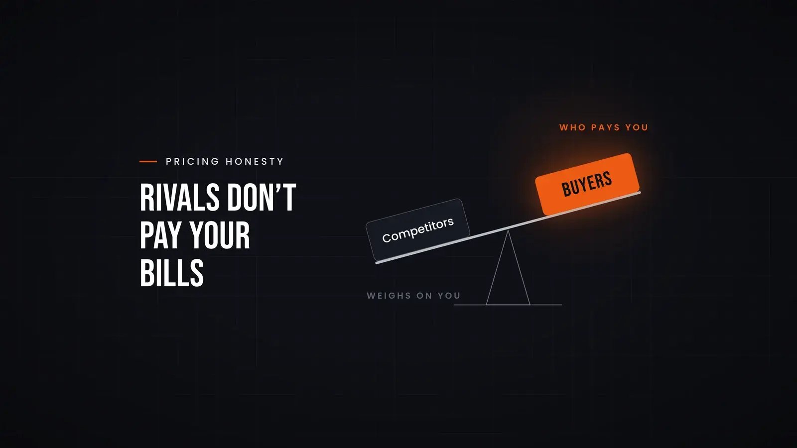 A balance beam tips towards a card marked Competitors, captioned 'weighs on you', while an orange card marked Buyers sits raised at the other end, captioned 'who pays you'. Overlay reads 'Rivals don't pay your bills'.