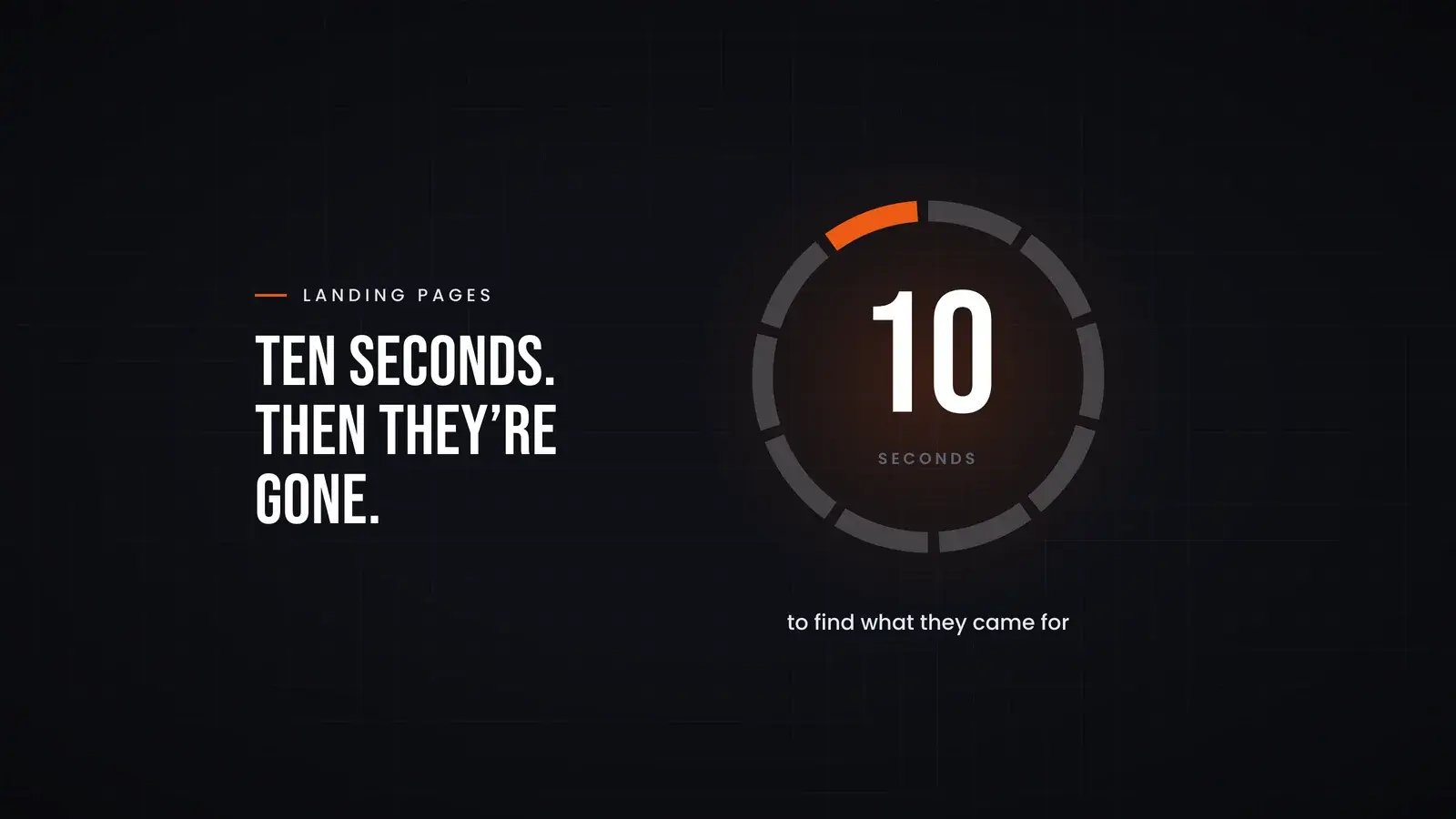 A ring of ten segments around a large figure 10, with nine segments spent and the last one lit in orange, captioned 'seconds to find what they came for'. Overlay reads 'Ten seconds. Then they're gone.'.