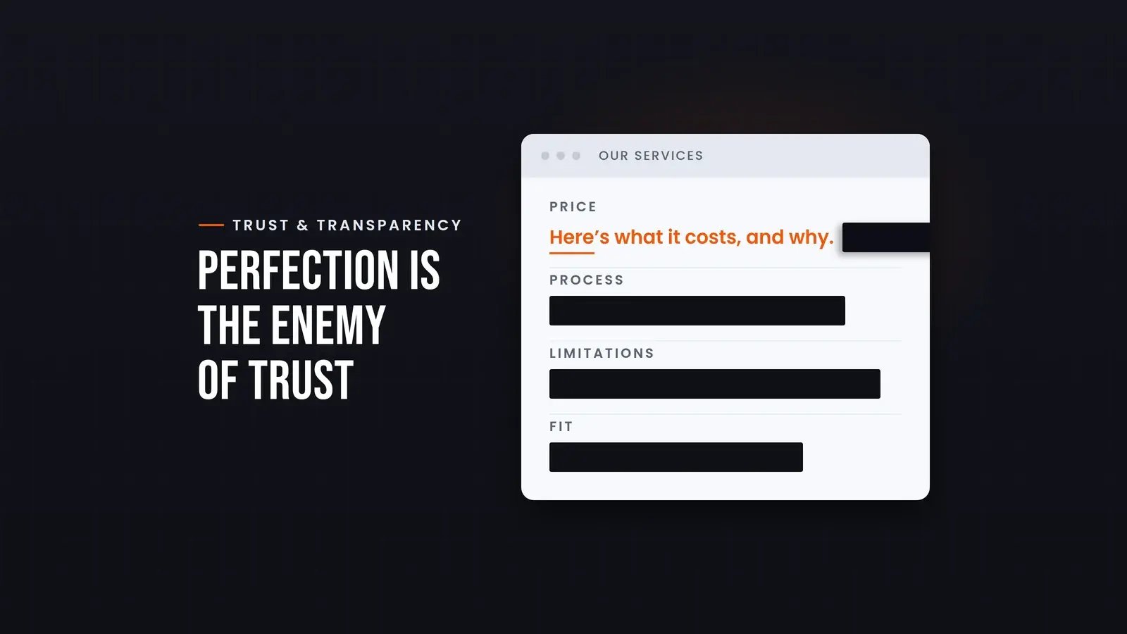 A services page card with process, limitations and fit hidden behind redaction bars while the price row is revealed, reading 'Here's what it costs, and why', alongside the line 'Perfection is the enemy of trust'.