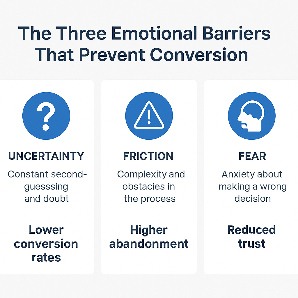 Infographic titled “The Three Emotional Barriers That Prevent Conversion” showing three panels labeled Uncertainty, Friction, and Fear. Each includes icons and short explanations: uncertainty causes lower conversion, friction increases abandonment, and fear reduces trust.