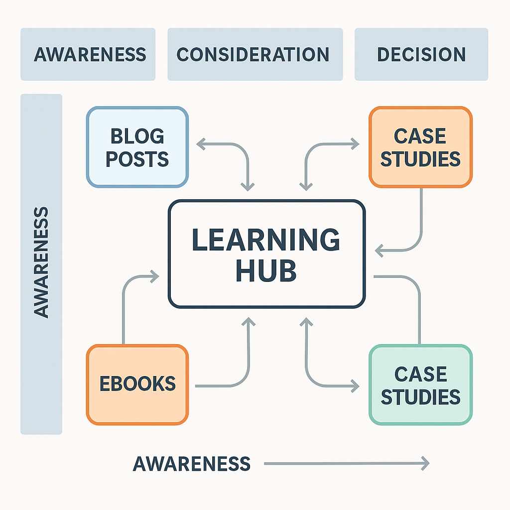 Flowchart showing how a Learning Hub connects content types—blog posts, eBooks, webinars, and case studies—across Awareness, Consideration, and Decision stages to guide buyers through their educational journey.