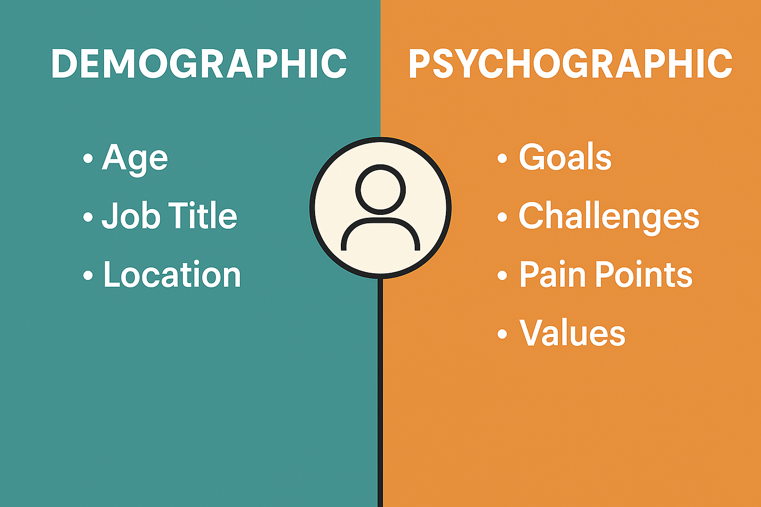 A two-column infographic comparing demographic and psychographic persona factors. The left side, with a teal background, lists Demographic. The right side, with an orange background, lists Psychographic. A central icon of a person connects the two sides.