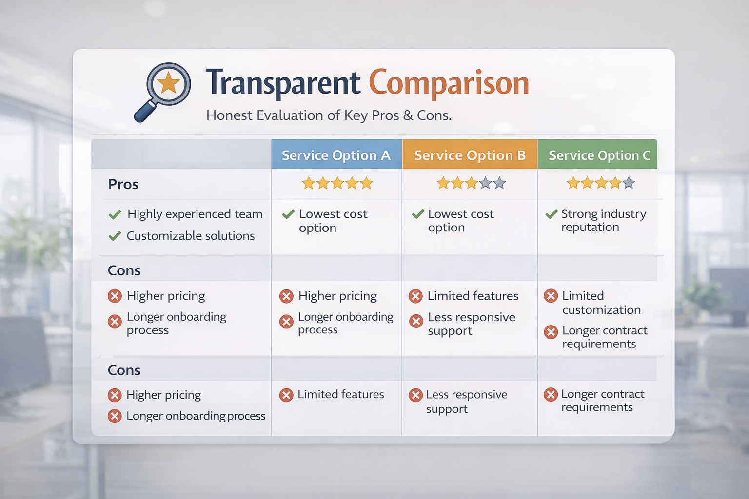 A transparent comparison table showing three competing service options side by side, with clearly labelled pros and cons, star ratings, and honest evaluation criteria to help buyers compare choices.