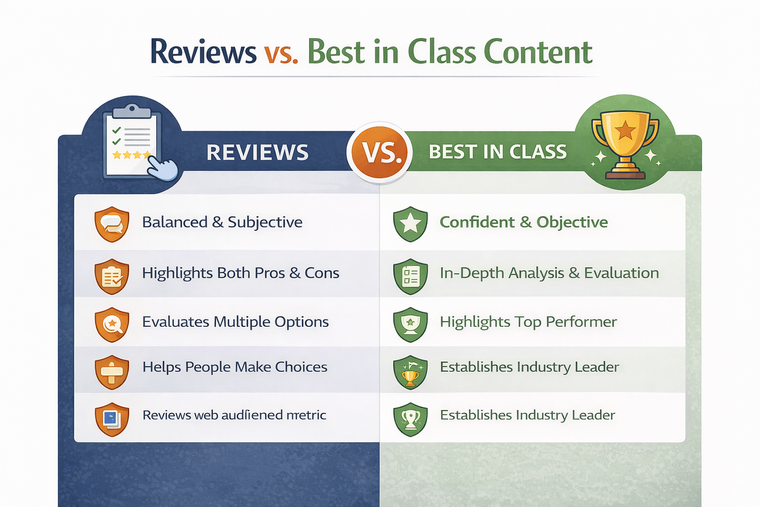 Side-by-side comparison of Reviews vs Best in Class content across four dimensions such as tone, depth, focus, and purpose, highlighting differences in objectivity, analysis level, and positioning.