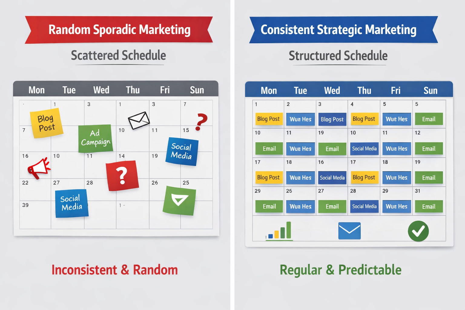 Comparison of random sporadic marketing activities versus consistent strategic marketing schedule