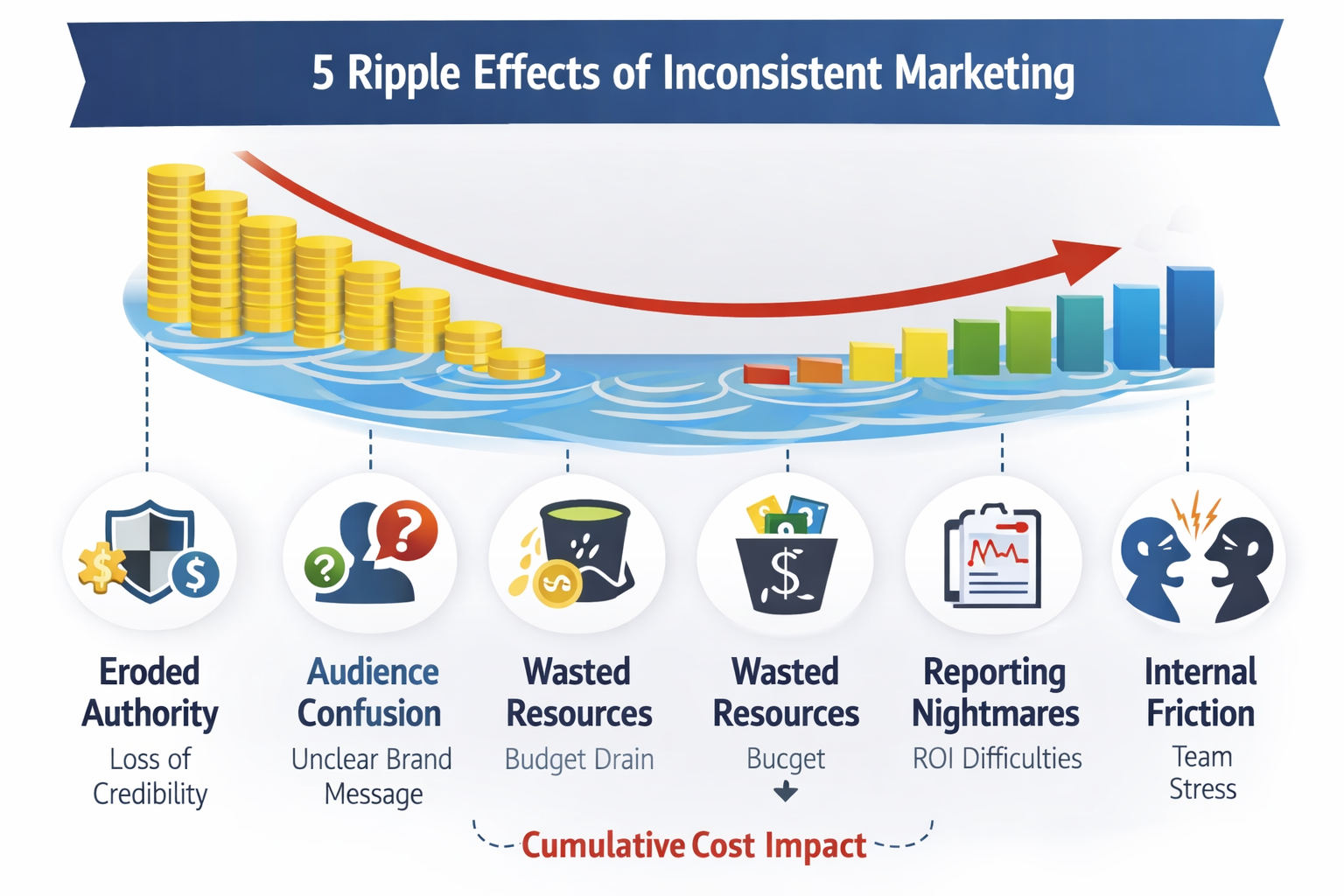 Infographic titled “5 Ripple Effects of Inconsistent Marketing” showing a wave effect leading to rising cumulative costs. Icons represent eroded authority, audience confusion, wasted resources, reporting difficulties, and internal friction, visually illustrating how inconsistent marketing compounds financial impact over time.