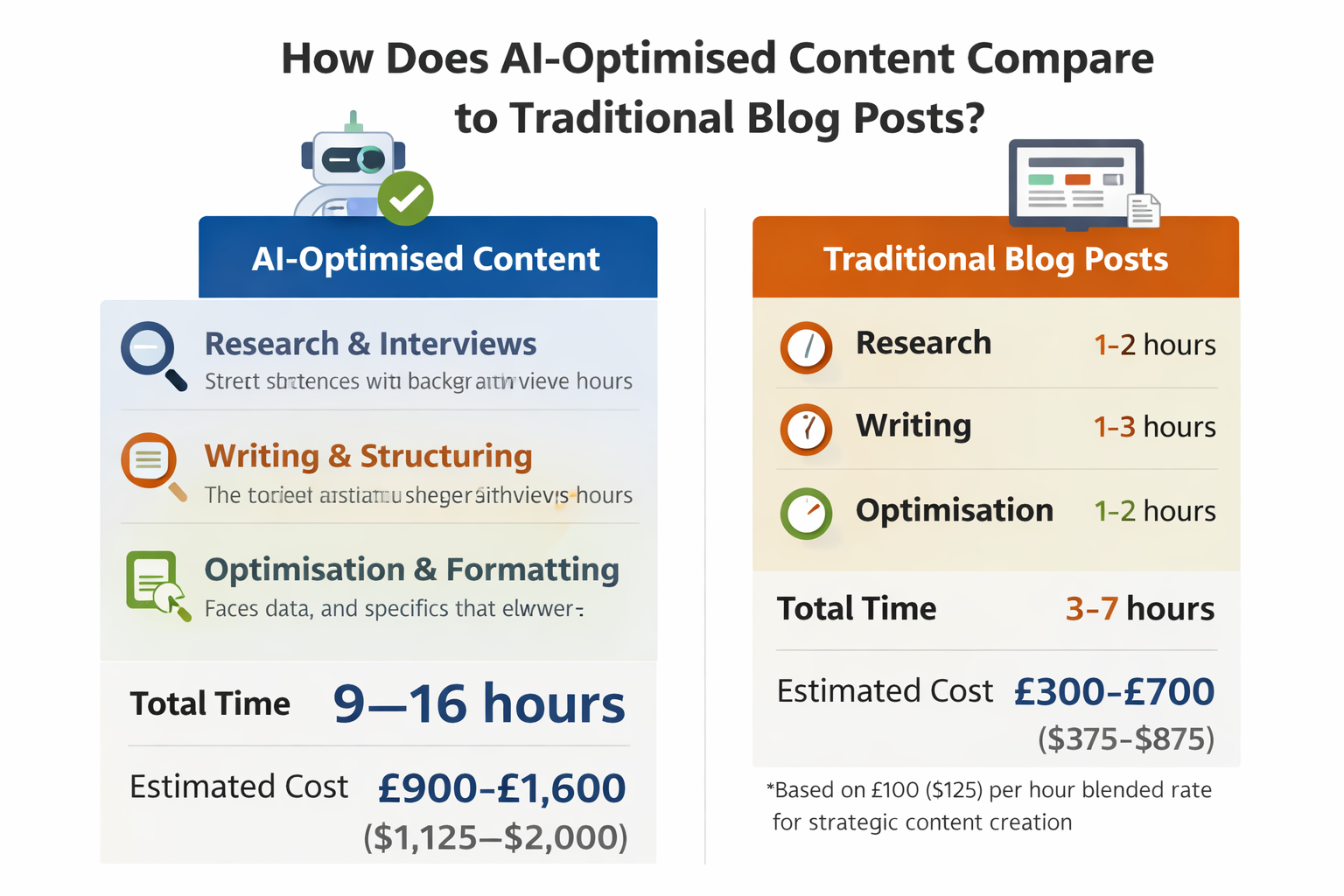 Time and cost breakdown showing how AI-optimised content compares to traditional blog posts