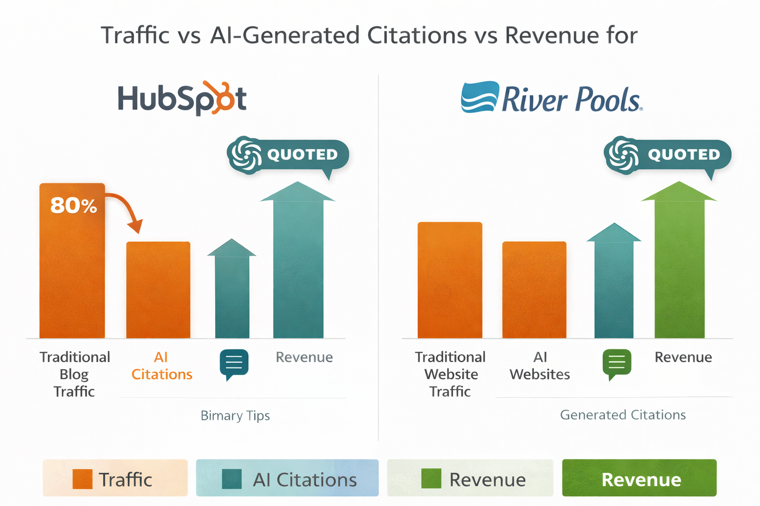 Graph comparing traditional traffic metrics against AI citation frequency and resulting revenue for case study companies