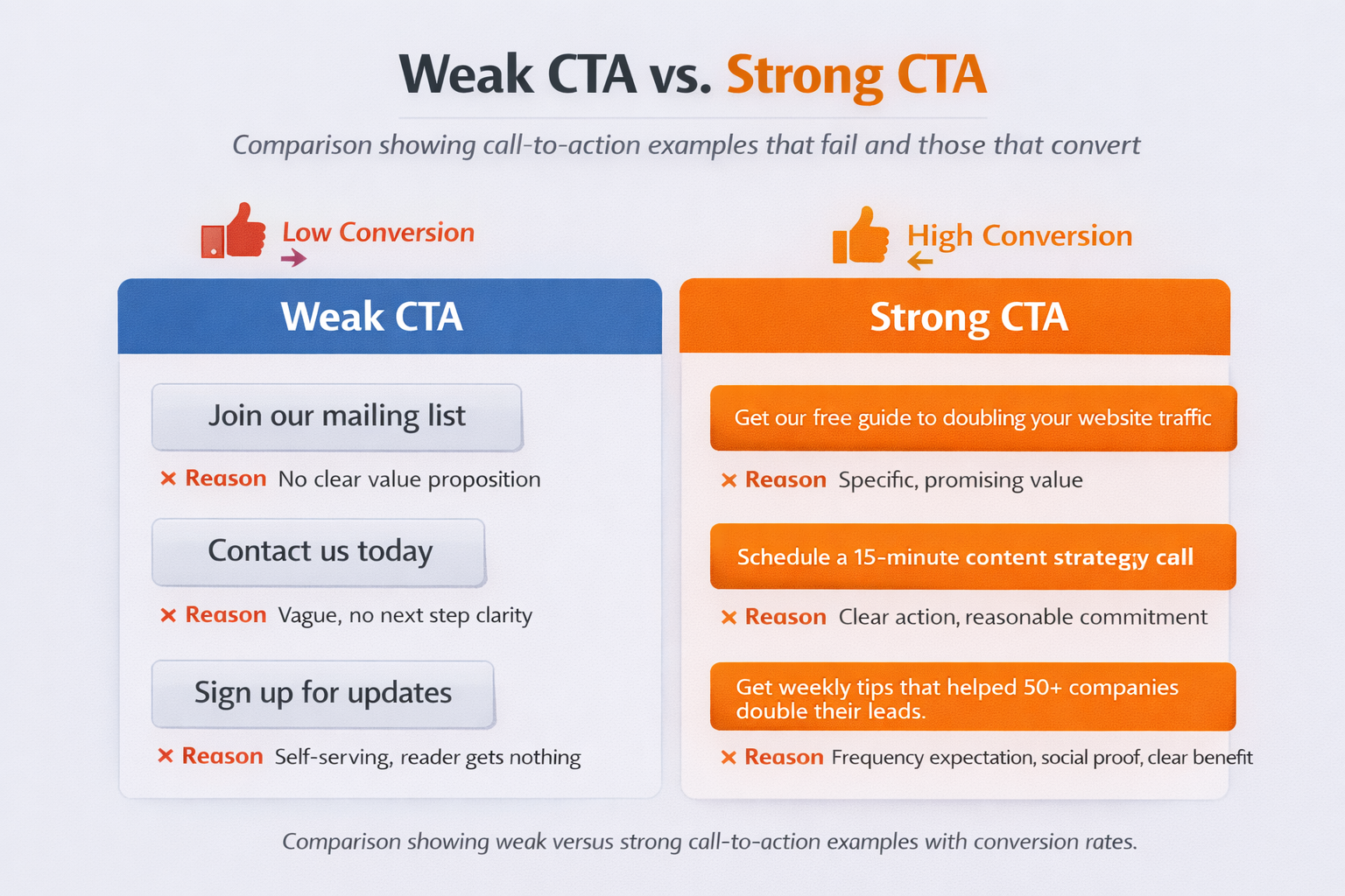 Comparison showing weak versus strong call-to-action examples, highlighting vague CTAs with low conversion versus specific, value-driven CTAs with higher conversion rates.
