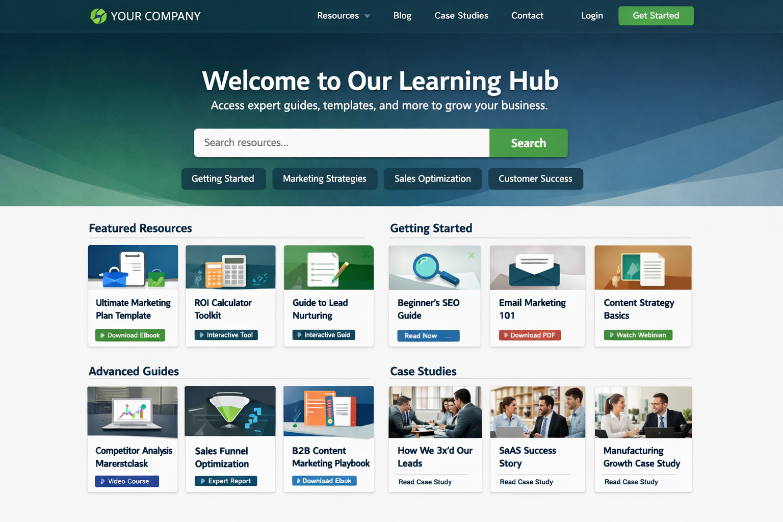 Learning hub interface showing content organized by buyer journey stage