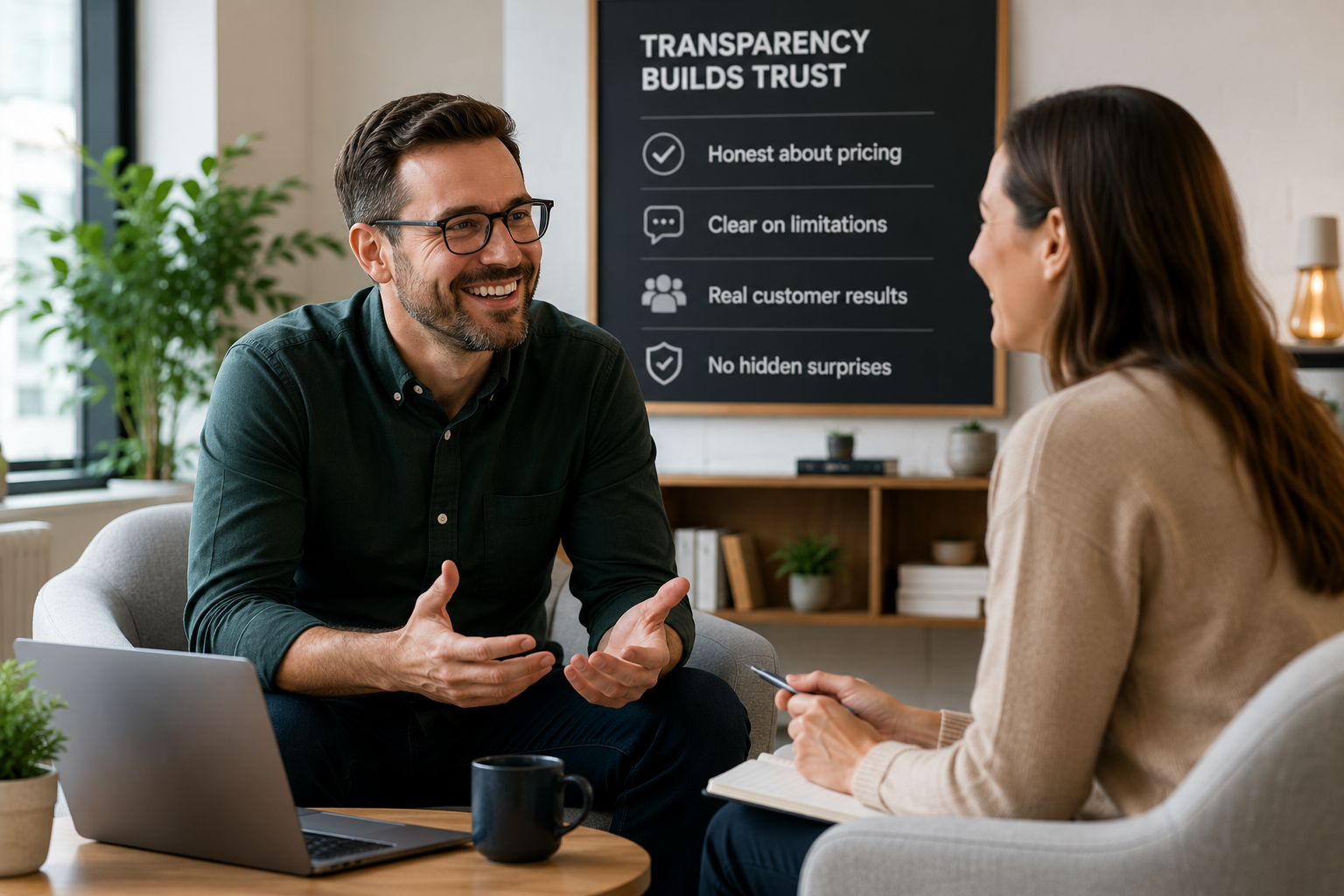 Business owner and buyer in relaxed conversation, representing trust built through transparent content before the first meeting. The two are seated comfortably in a professional setting, speaking openly and confidently, reflecting a sales conversation made easier by honesty, education, and clear expectations.