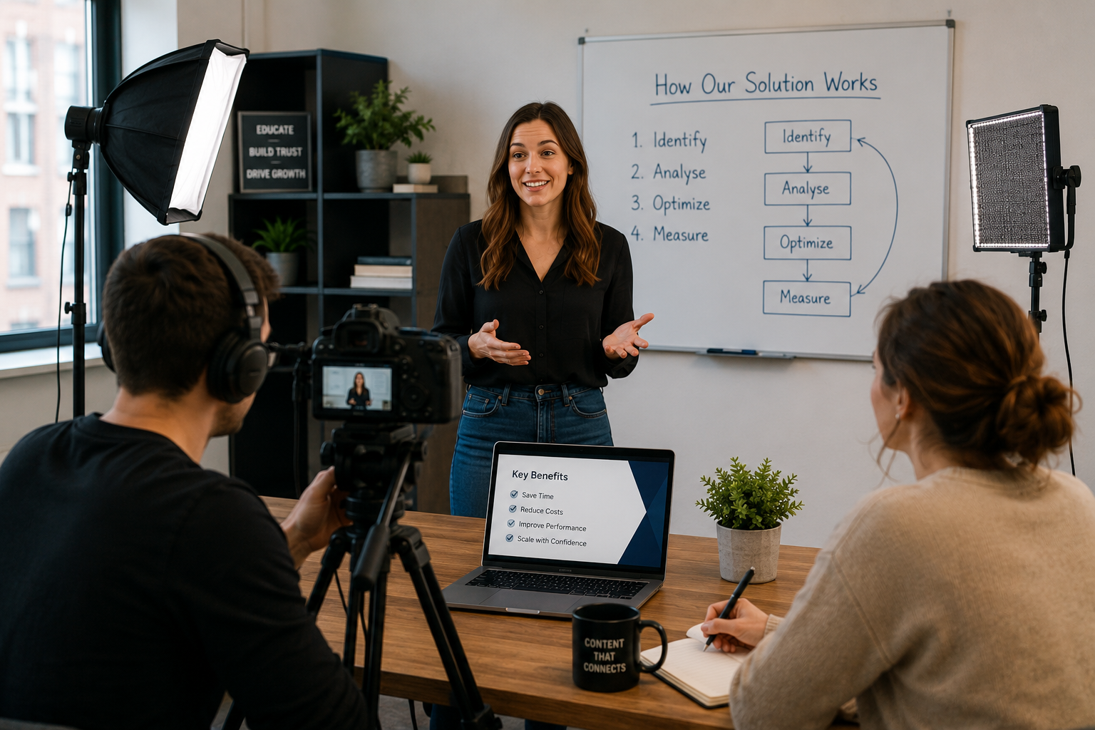 An in-house marketing team recording an educational video on a budget-friendly setup