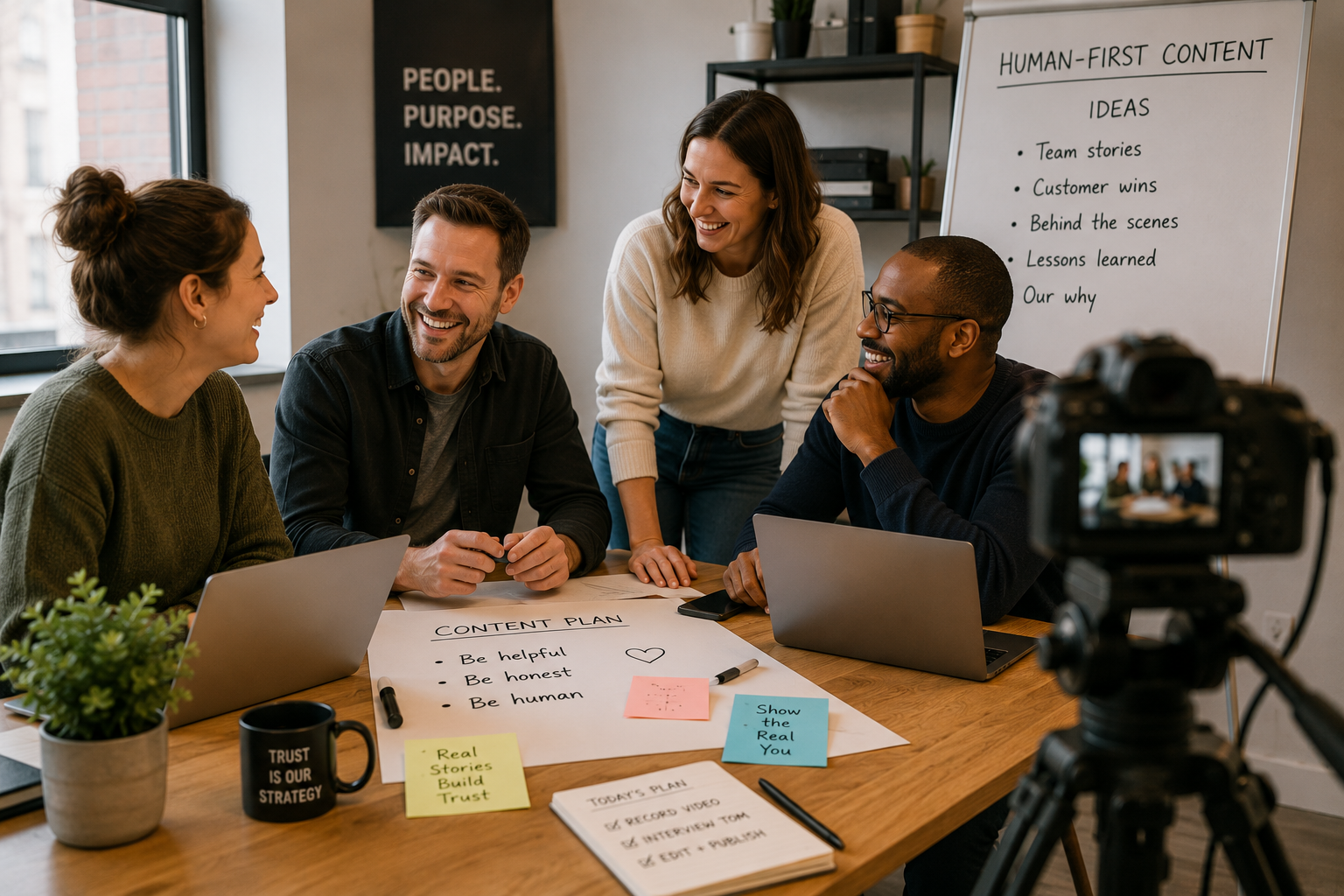 B2B team members collaborating on humanised content to build authentic brand trust