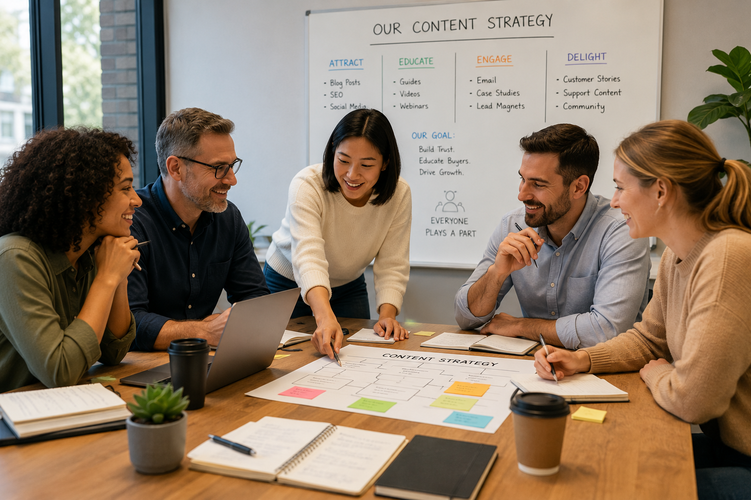 A cross-functional business team collaborating on a shared content strategy, illustrating company-wide marketing culture in action. Team members from different departments sit around a table with laptops, notebooks, and planning materials, contributing ideas and expertise while aligning around common business goals and buyer education initiatives.