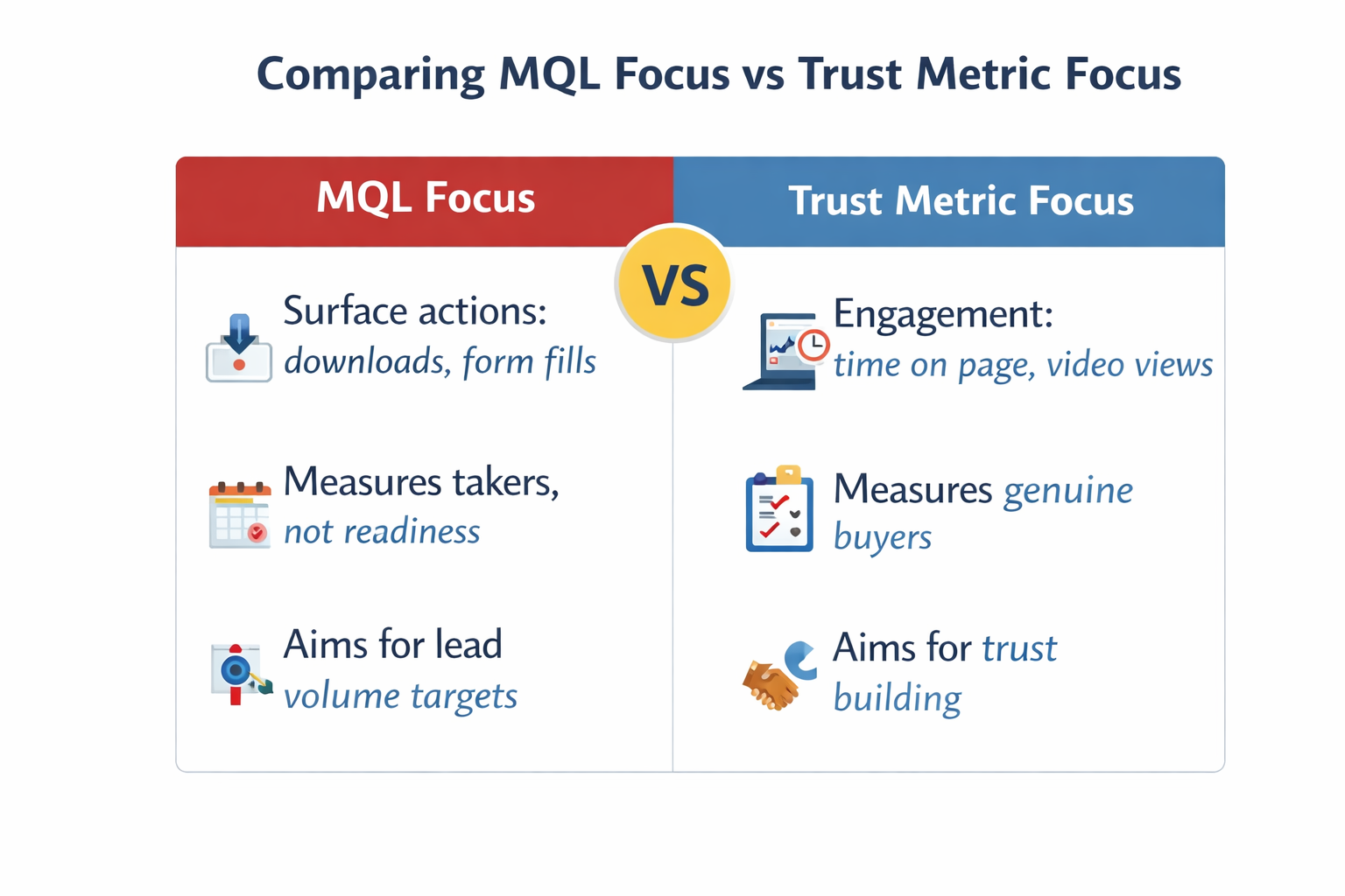 Side-by-side comparison chart showing “MQL Focus” vs “Trust Metric Focus.” MQLs track surface actions like downloads and form fills and prioritise lead volume, while trust metrics track engagement like time on page and video views, focusing on genuine buyer intent and trust building.