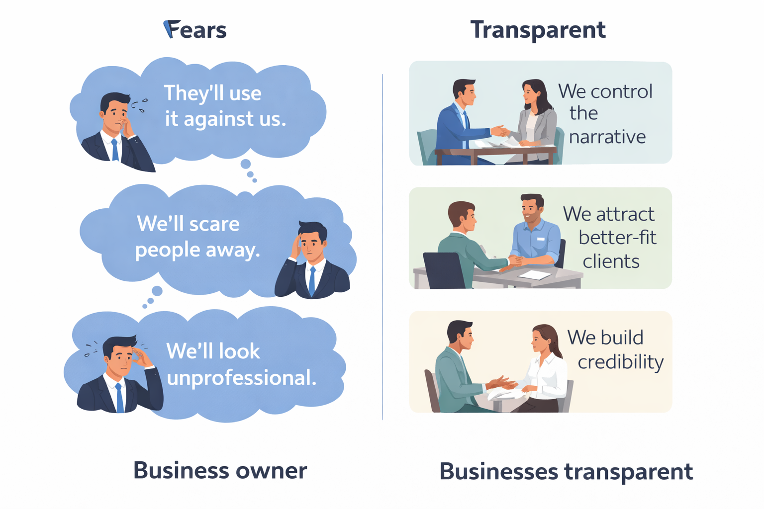 Three business fears about brand honesty, shown alongside the real-world outcome of transparency