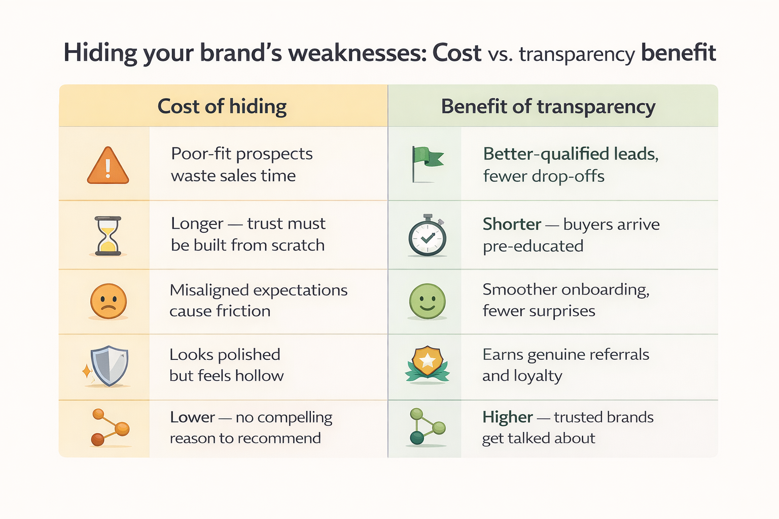 Infographic comparing the cost of hiding weaknesses versus the benefits of transparency across lead quality, sales cycle, customer satisfaction, credibility, and referrals.