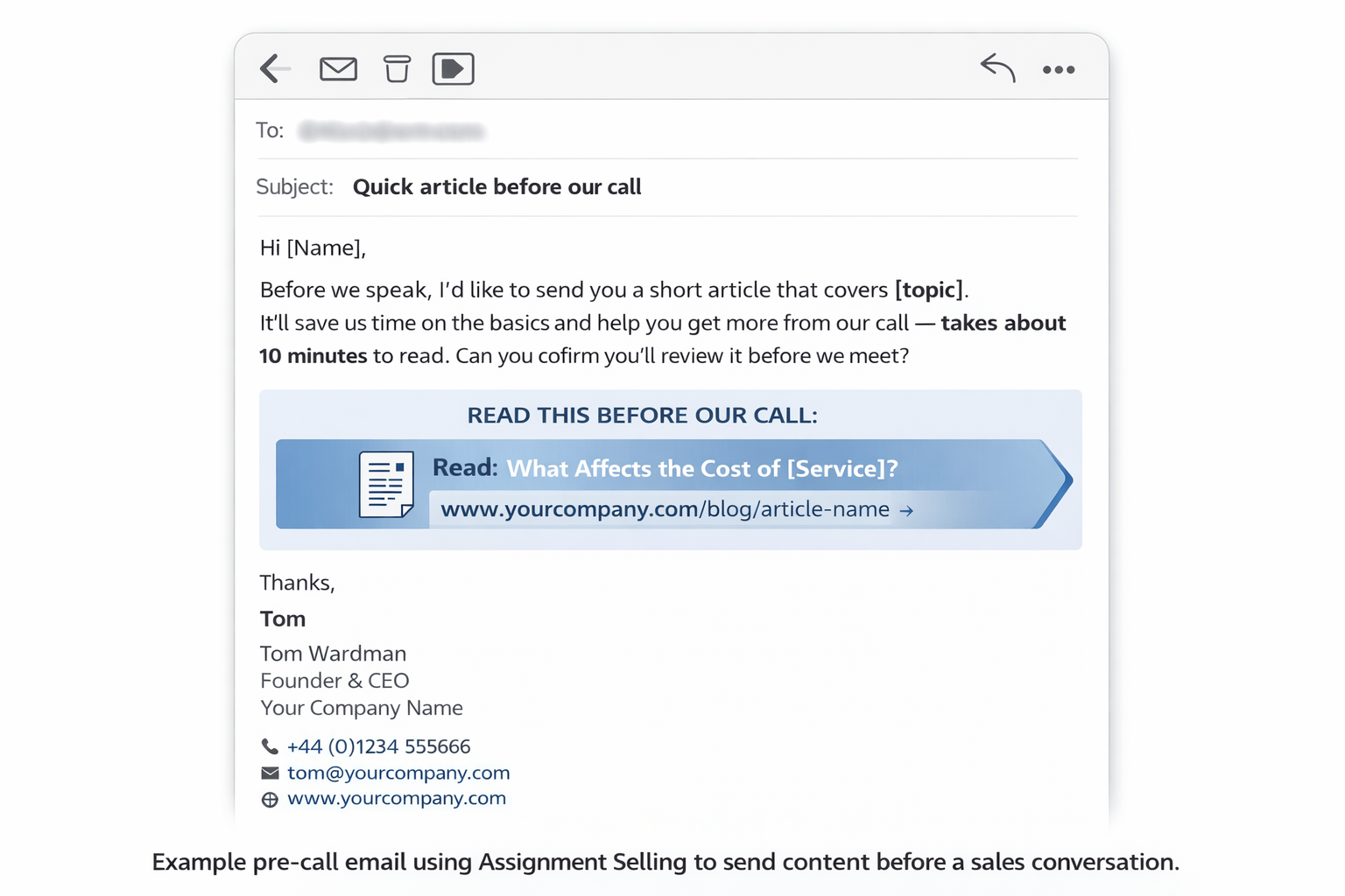 Example pre-call email using Assignment Selling to send content before a sales conversation.