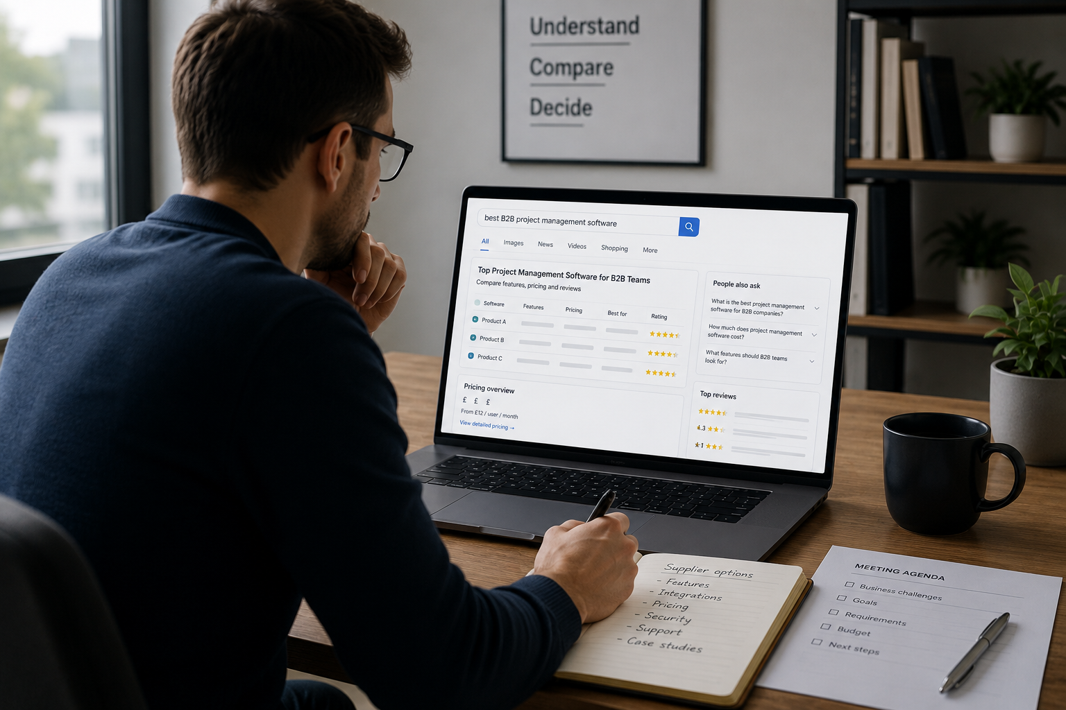 Buyer conducting online research during the Zero Moment of Truth phase, comparing supplier options and reviewing pricing, reviews, and features before contacting a business.