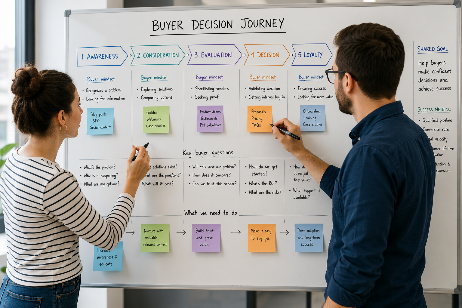 Sales and marketing team collaboratively mapping the customer decision journey on a whiteboard