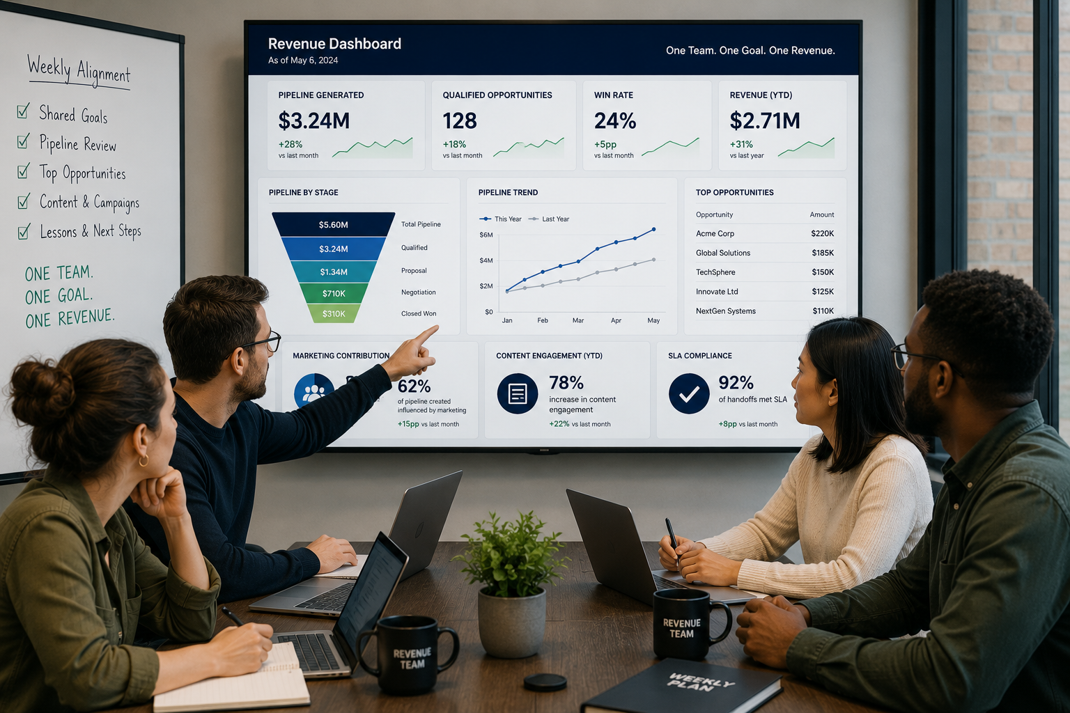 Aligned Revenue Team reviewing pipeline data and shared metrics in a structured weekly meeting, collaborating around dashboards showing pipeline health, conversion rates, revenue performance, and content contribution.