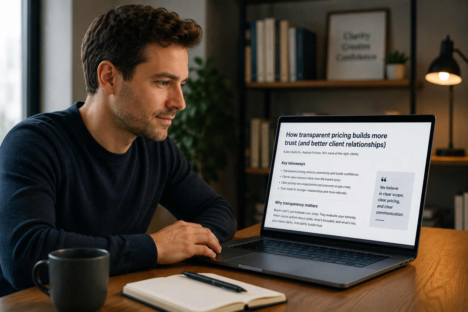 Reader engaging with trust-based content on a laptop, calmly focused while reading transparent, educational content in a modern workspace environment.