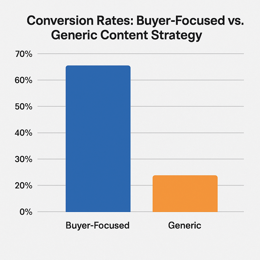 A two-bar chart comparing conversion rates between buyer-focused and generic content strategies. The buyer-focused bar is significantly higher, visually emphasizing the performance gap between tailored and generic content.