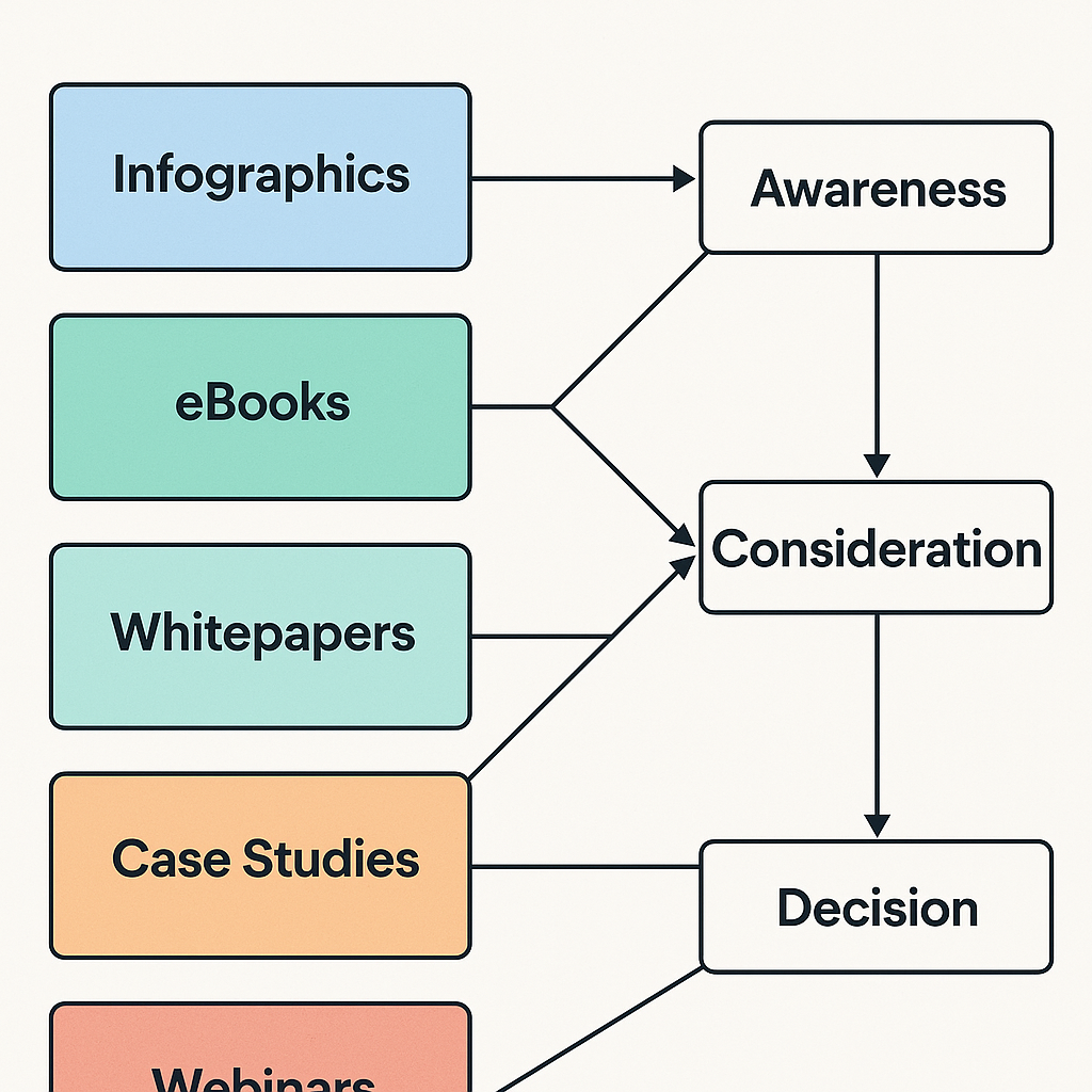 Flowchart infographic mapping content types like infographics, eBooks, whitepapers, case studies, and webinars to the buyer’s journey stages: Awareness, Consideration, and Decision.